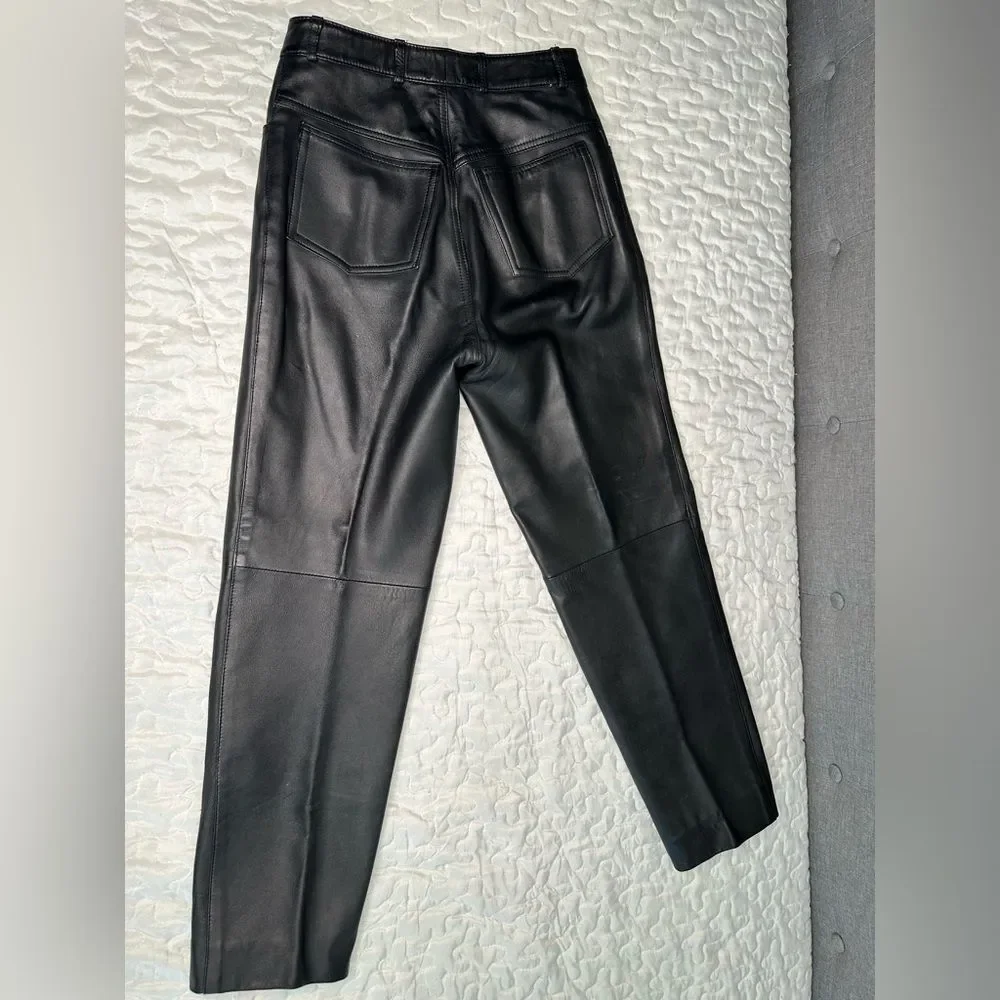 Vintage 90s Maglia Black Leather Pants High-Waisted Straight-Leg USA Made Sz 8 - Picture 7 of 11